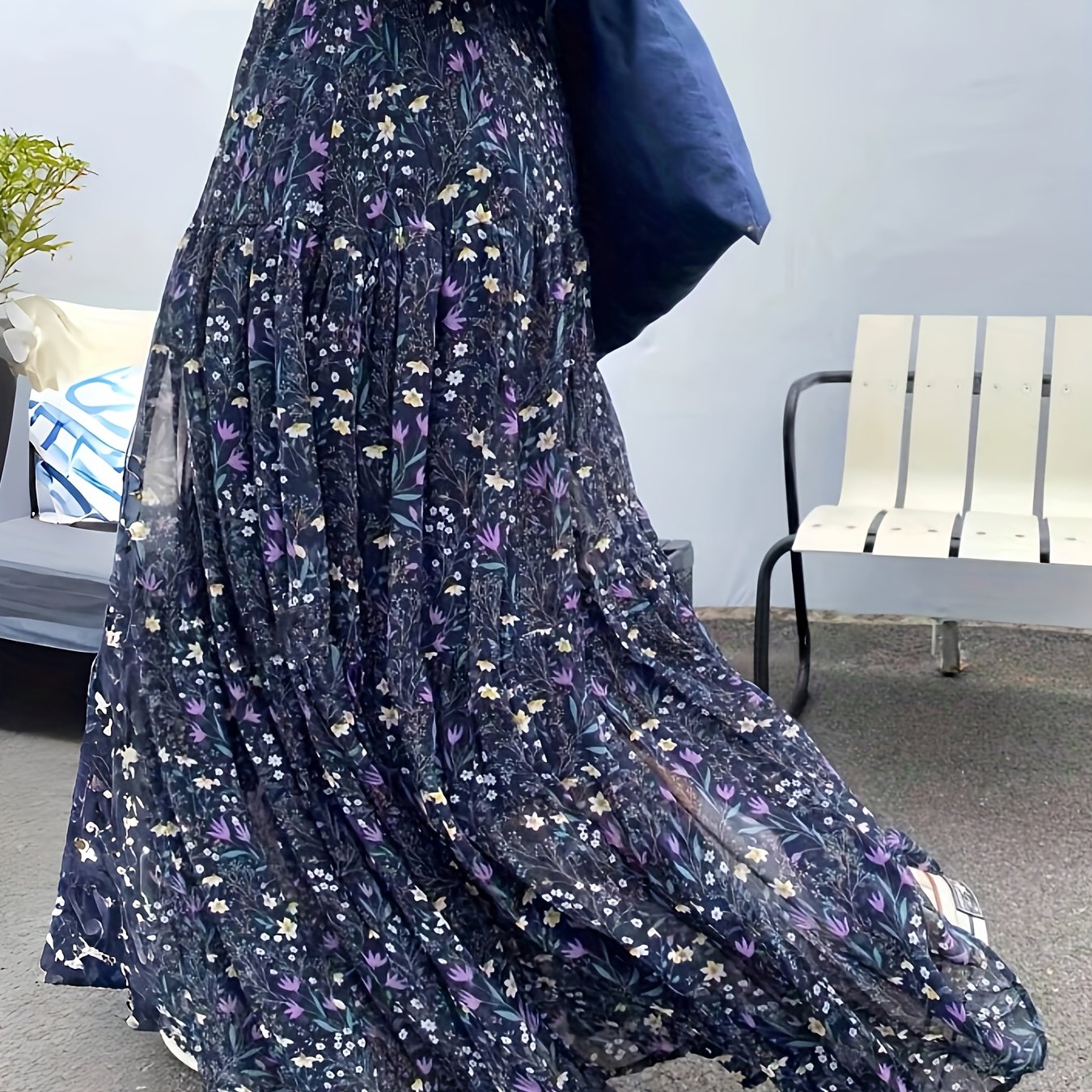 TEMU Elegancka spódnica maxi z kwiatowym nadrukiem - luźny krój, wysoka , design w kształcie litery A z żywymi fioletowymi i żółtymi kwiatami,