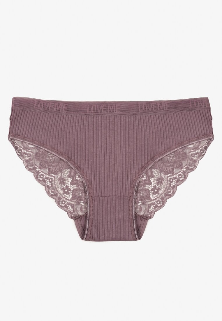 Ciemnofioletowe Prążkowane Majtki Figi z Bawełny Zdobione Koronką Erwelia