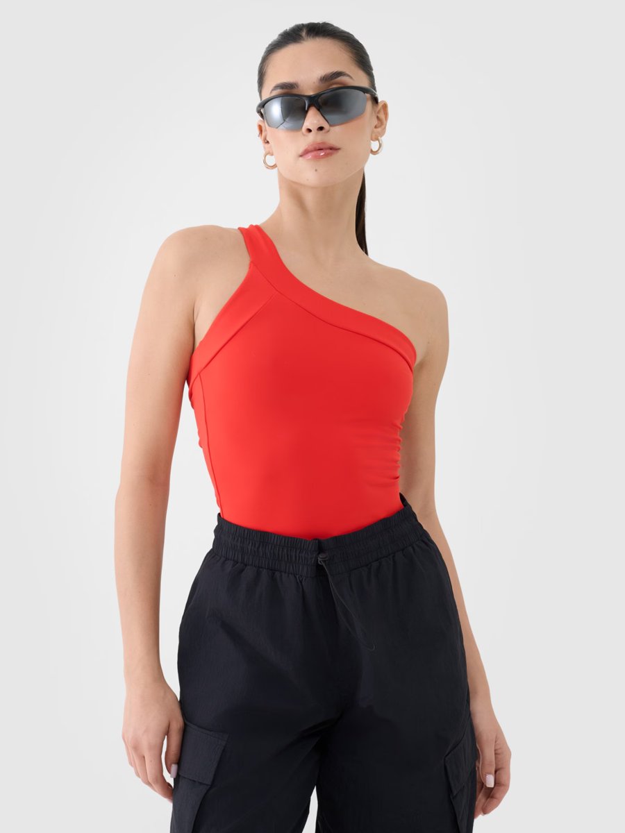 Crop-top slim z asymetrycznym ramiączkiem damski 4FRSS25TSLEF222-62S Czerwony Roz. XS
