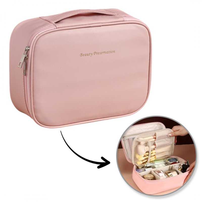 Kosmetyczka Rozkładana Elegancka Kuferek Etui z Ekoskóry Różowa