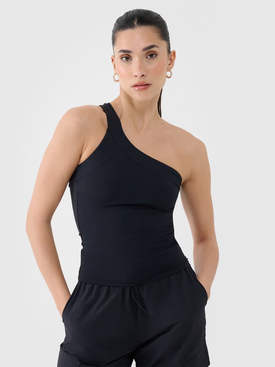 Crop-top slim z asymetrycznym ramiączkiem damski 4FRSS25TSLEF222-20S Czarny Roz. XS