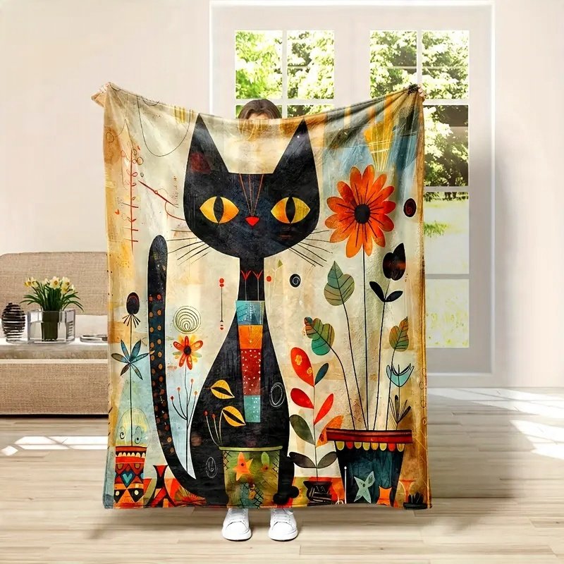 Koc kocyk pled narzuta czarny kot kwiaty boho 150x200 cm miękki na prezent