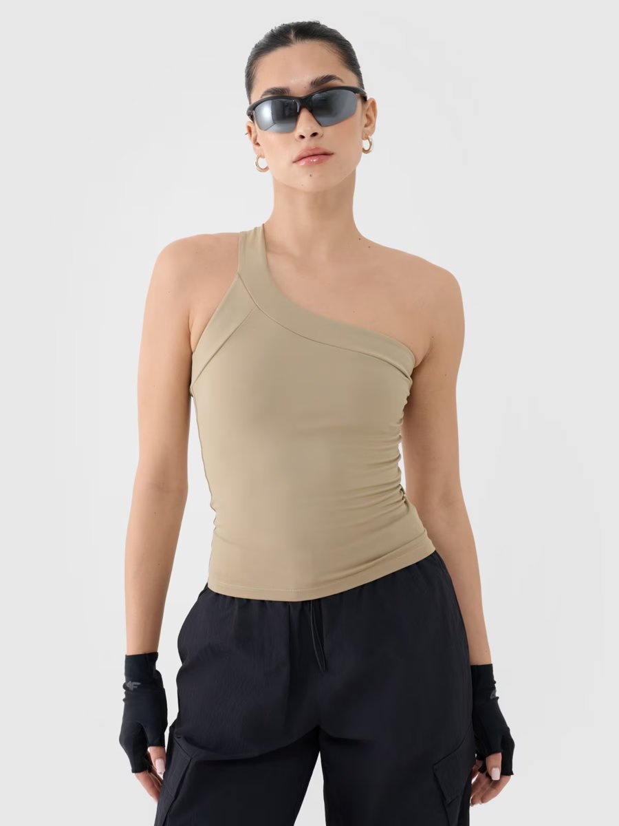 Crop-top slim z asymetrycznym ramiączkiem damski 4FRSS25TSLEF222-83S Brązowy Roz. M