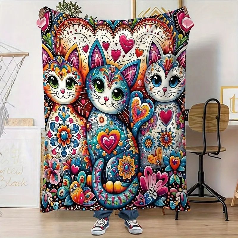 Koc kocyk kolorowy z kotami 130x150 cm miękki ciepły pled artystyczny art