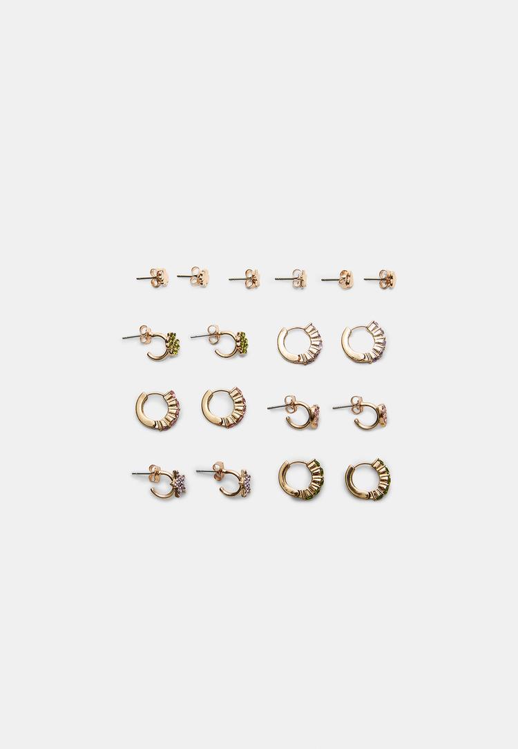 Stradivarius Zestaw 9 błyszczących kolczyków Złoty OS