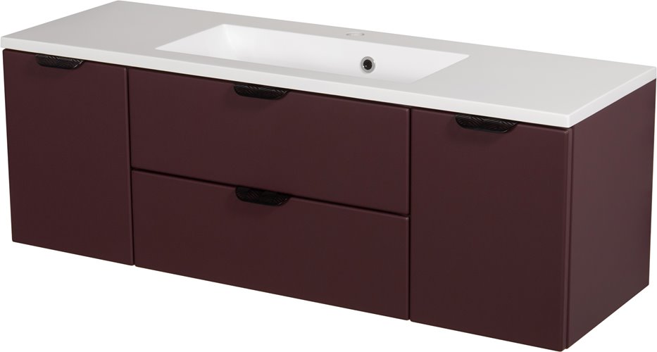 Burgundowa szafka łazienkowa wisząca z umywalką czarny uchwyt 120 cm Magnolia