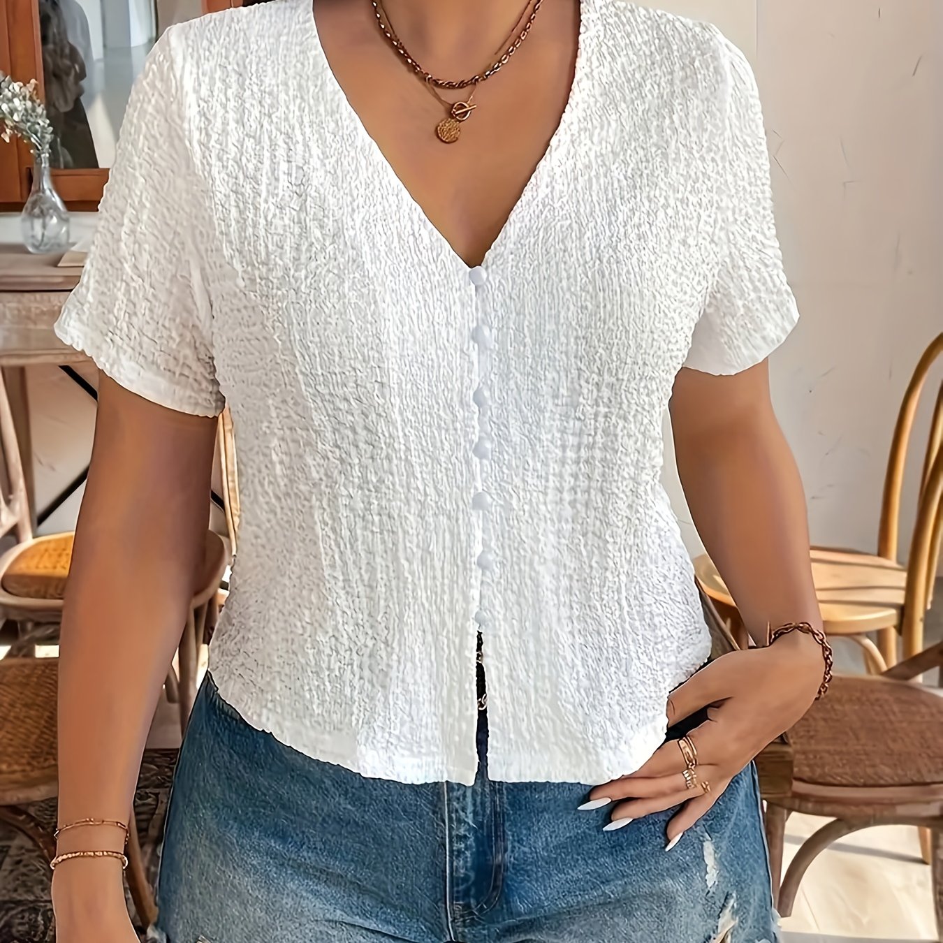 TEMU Bluzka Damska z Dekoltem w Serek na Guziki - Krótki Rękaw, Rozkloszowany Dołek, Regularny Fason, Elastyczna Tkanina, Styl Resortowy, Wygodne