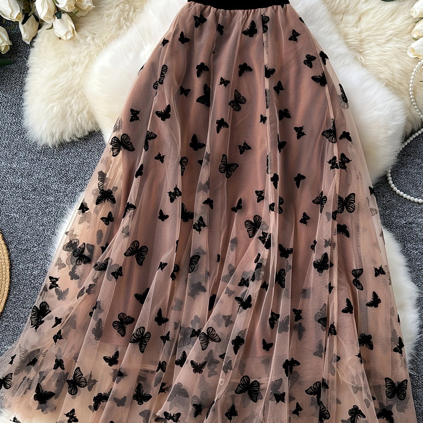 TEMU Elegancka spódnica midi z motywem motyla dla kobiet, poliester 100% dzianina, luźny krój, rozciągnięty brzeg, kolekcja wiosna/leto, bez paska,