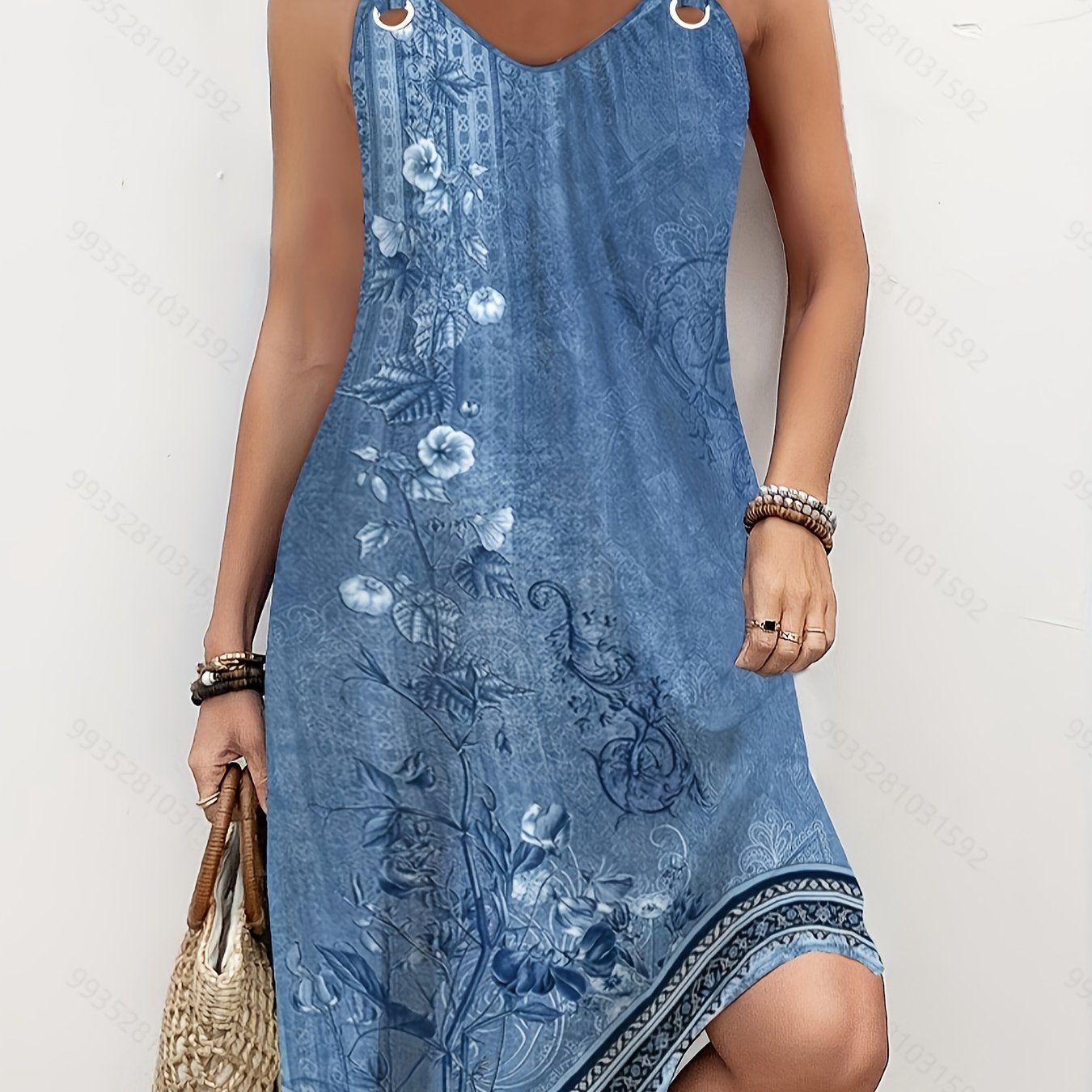 TEMU Kobieca Sukienka w Stylu Boho z Kwiatowym Wzorem i Dekoltem w Serek - Długość do Kolan, A-Line z Rozkloszowanym Dołem & Akcentami Pierścieni,