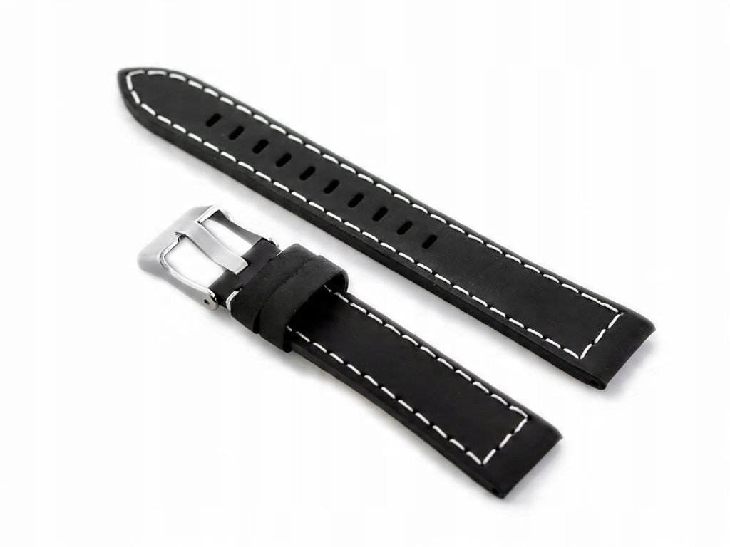 Pasek skórzany do zegarka W25 - czarny/białe 24mm
