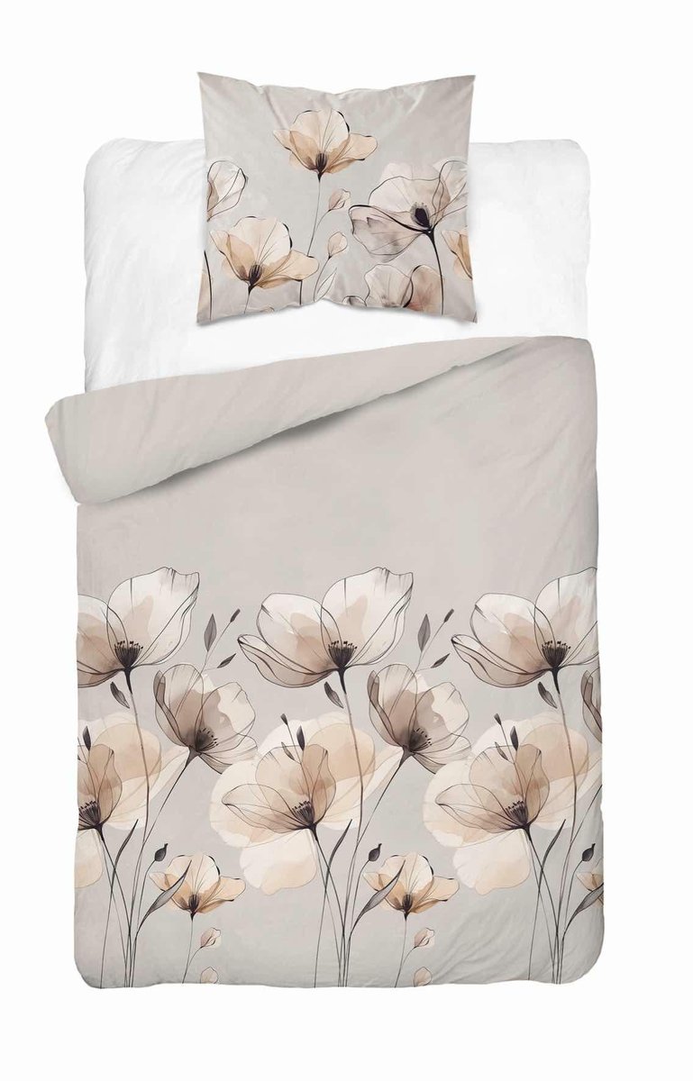 Pościel satynowa 140x200 szarobeżowa w kwiaty cappuccino – Satin Stories