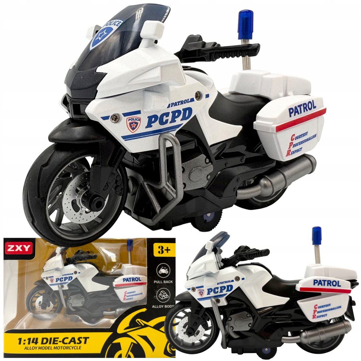 Motor policyjny metalowy motocykl policyjny policja auto model w skali 1:14