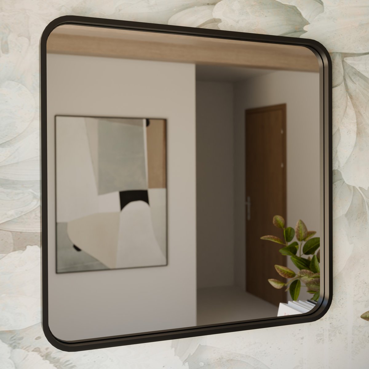 Lustro kwadratowe zaokrąglone rogi 60x60 cm czarna rama do łazienki salonu nowoczesne dekoracyjne