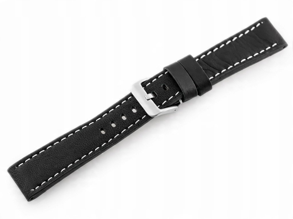 Pasek skórzany do zegarka W48 czarny/białe - 24mm