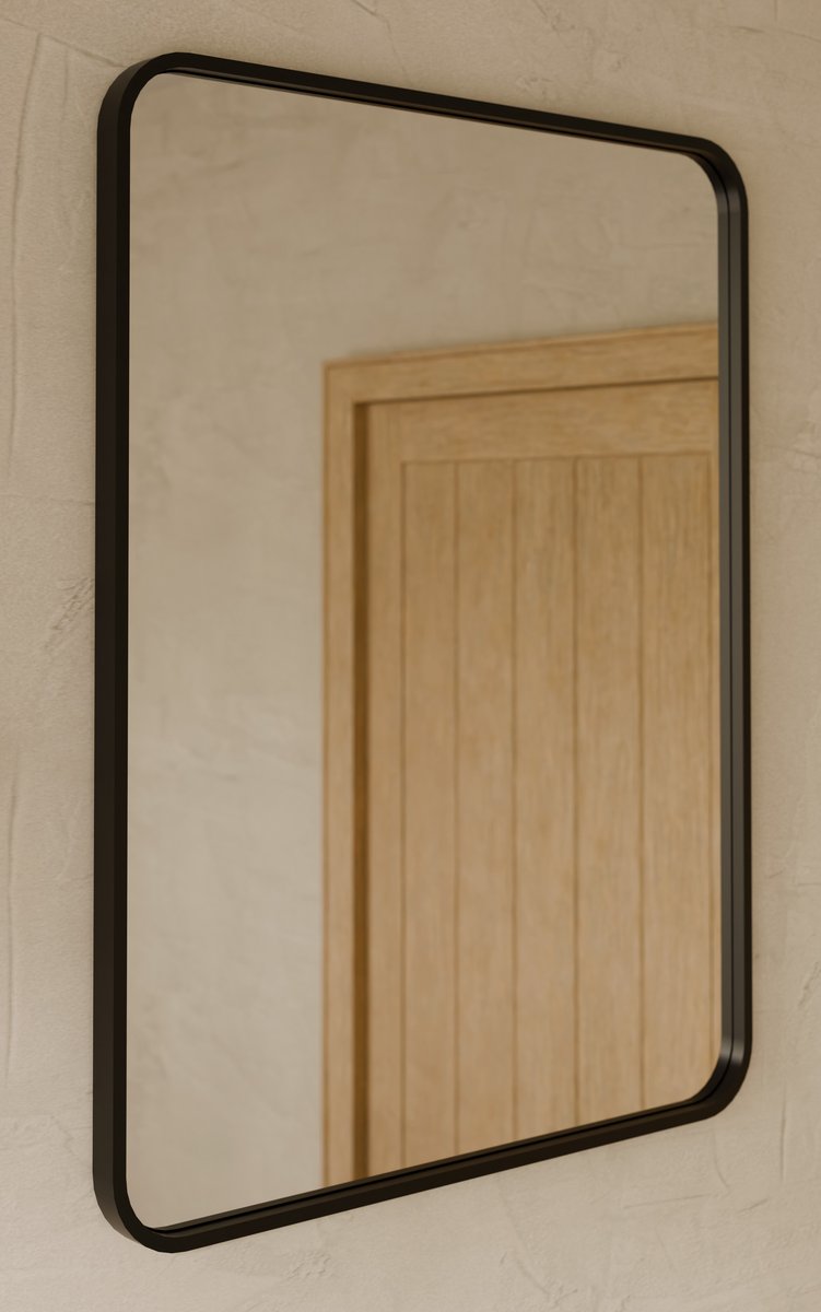 Lustro prostokątne z zaokrąglonymi rogami 60x80 cm czarna rama do łazienki salonu przedpokoju nowoczesne dekoracyjne