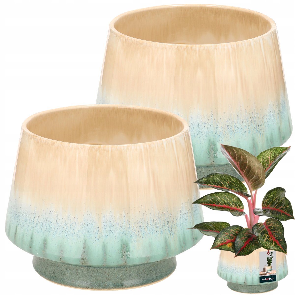 ZESTAW 2X DONICA DONICZKA OSŁONKA FI 19CM BEŻOWA ZIELONA CERAMIKA NA KWIATY