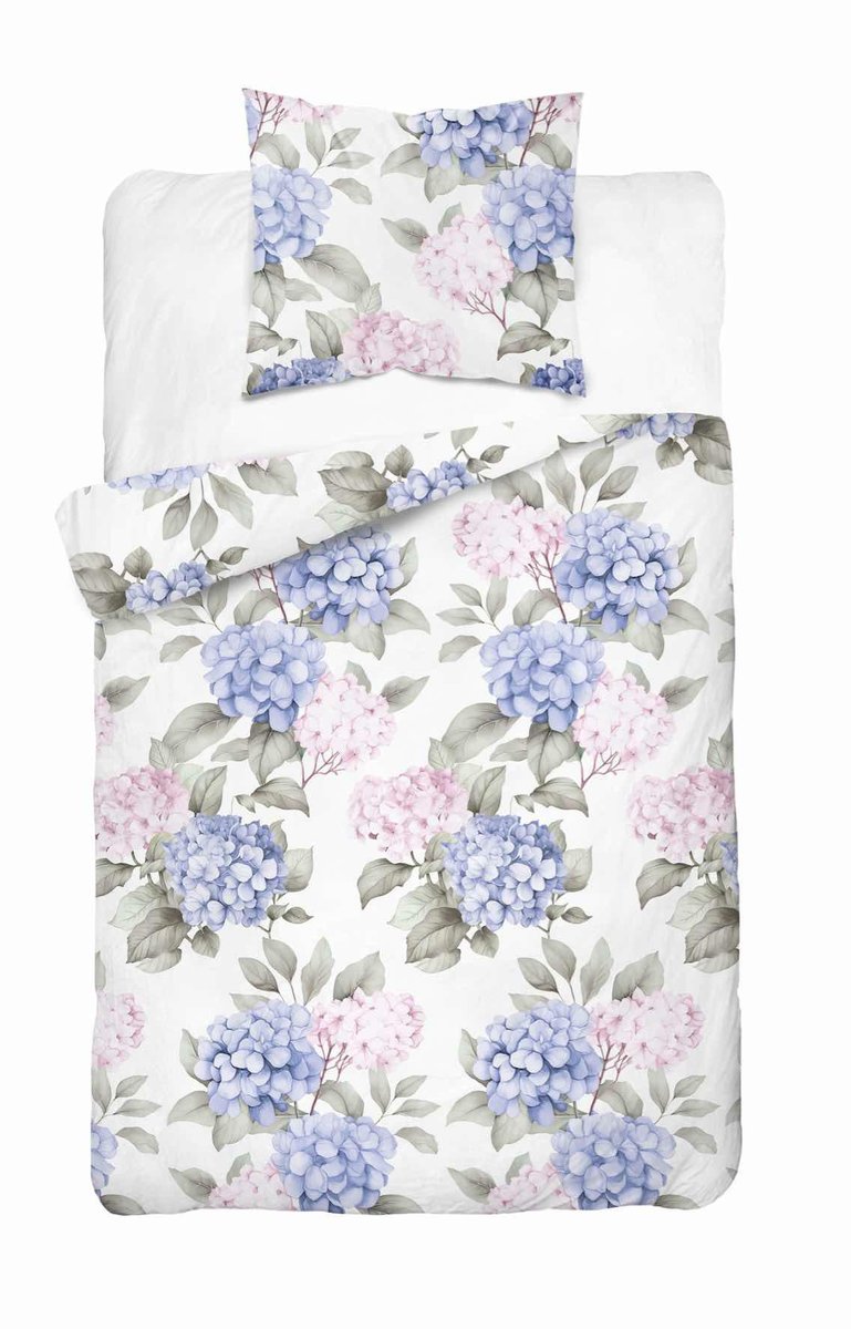 Pościel satynowa 140x200 biała w niebiesko-różowe hortensje – Satin Stories