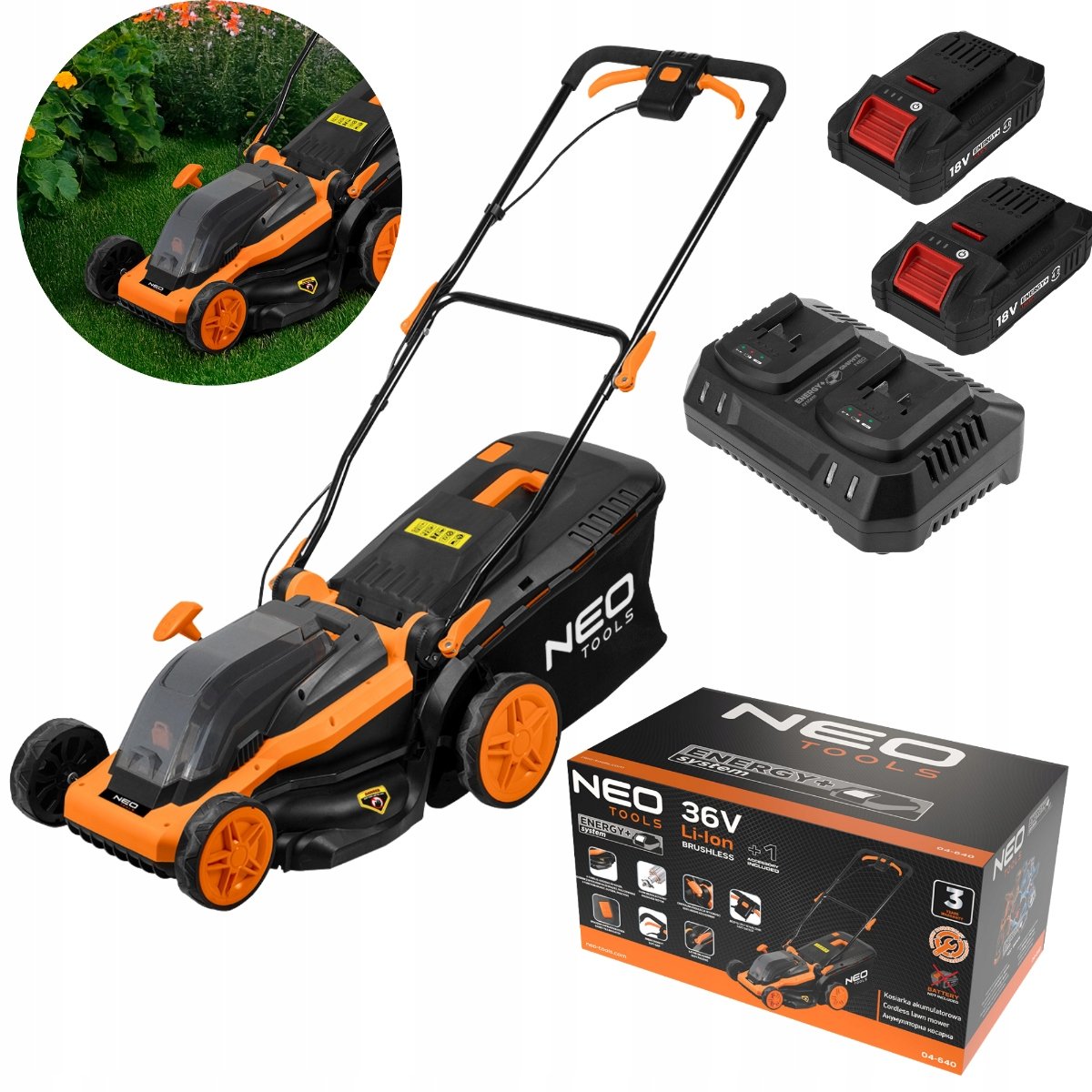 NEO TOOLS Kosiarka Bezszczotkowa 380mm + 2x Akumulator 4Ah + Ładowarka podwójna