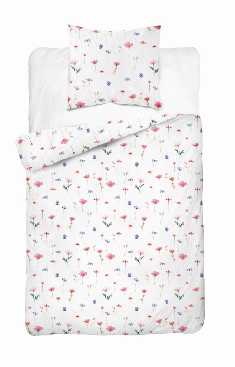 Pościel satynowa 140x200 biała w różowo-lawendowe polne kwiaty – Satin Stories