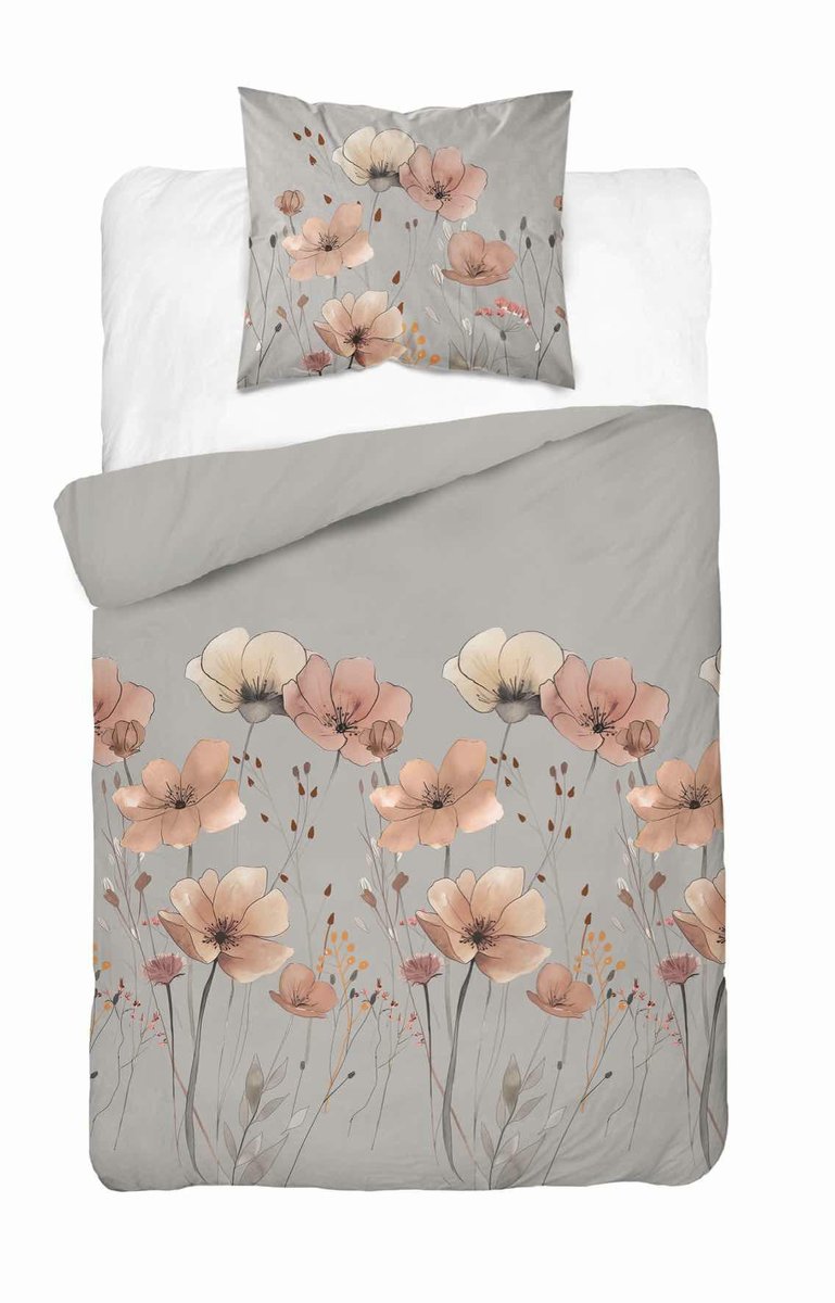 Pościel satynowa 140x200 szara z brzoskwiniowymi kwiatami – Satin Stories