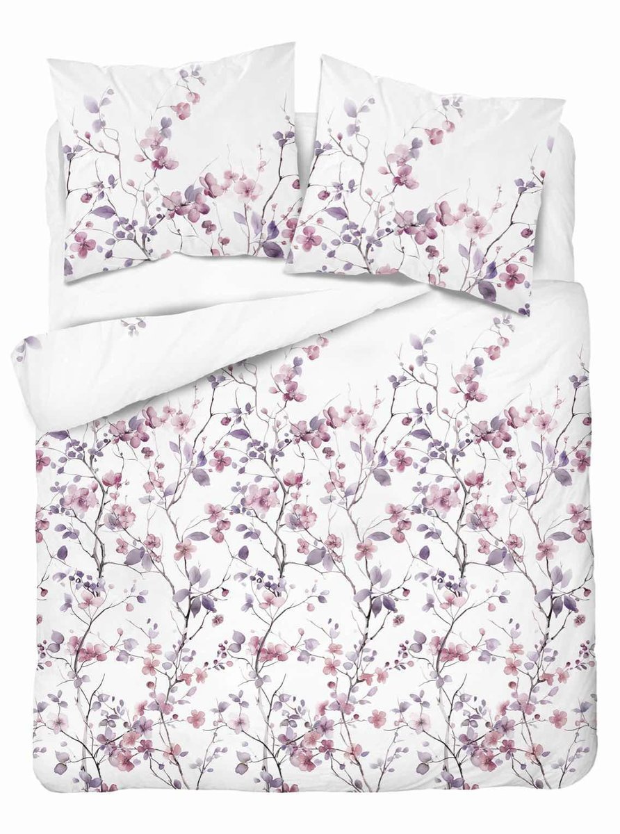 Pościel satynowa 160x200 biała w fioletowe gałązki kwiatów – Satin Stories