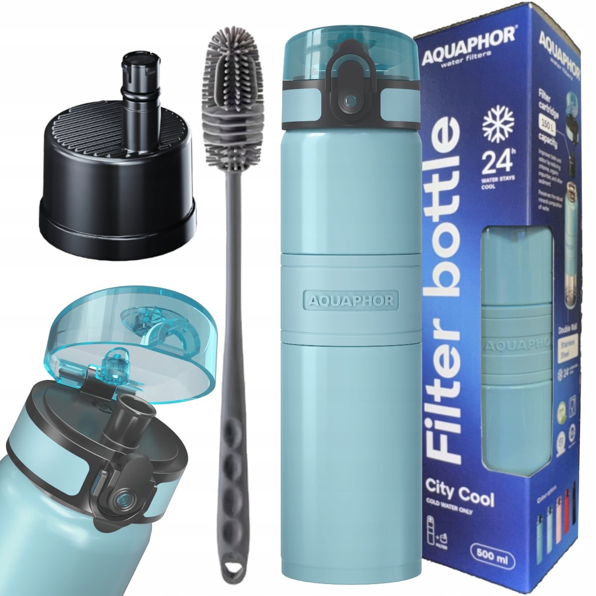 AQUAPHOR CITY COOL Butelka termiczna filtrująca błękitna 0,5l + szczoteczka