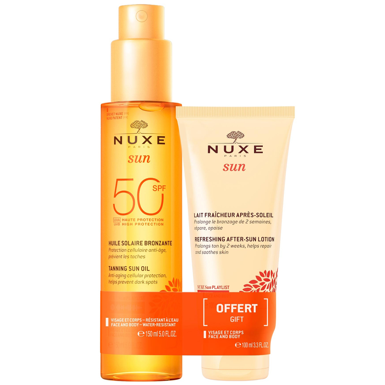 Nuxe Sun, brązujący olejek do opalania, w sprayu, SPF 50, 150 ml + balsam po opalaniu, 150 ml gratis