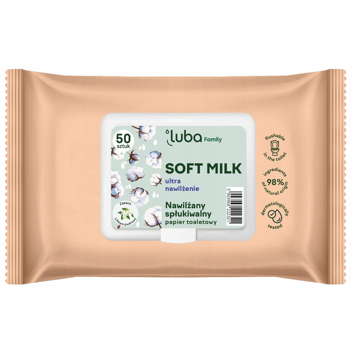 LUBA FAMILY NAWILŻANY PAPIER TOALETOWY SOFT MILK 50 SZT NOWOŚĆ