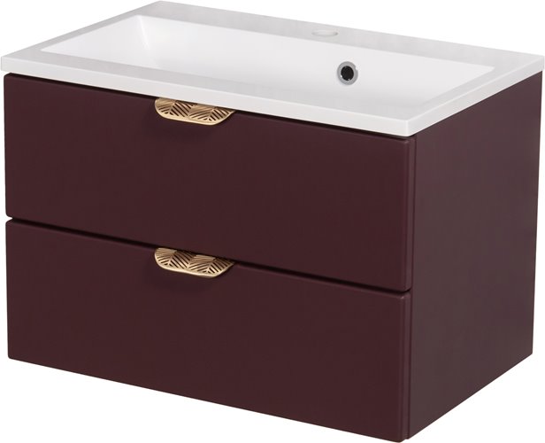 Burgundowa szafka łazienkowa wisząca z umywalką złoty uchwyt 60 cm Magnolia