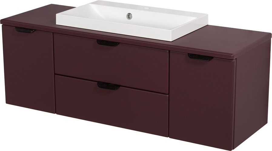 Burgundowa szafka łazienkowa wisząca z białą umywalką nablatową czarny uchwyt 120 cm Magnolia