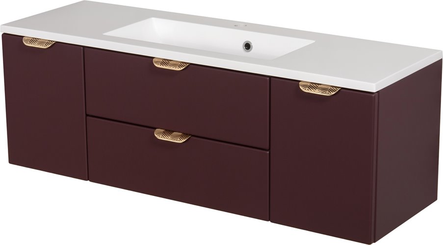 Burgundowa szafka łazienkowa wisząca z umywalką złoty uchwyt 120 cm Magnolia