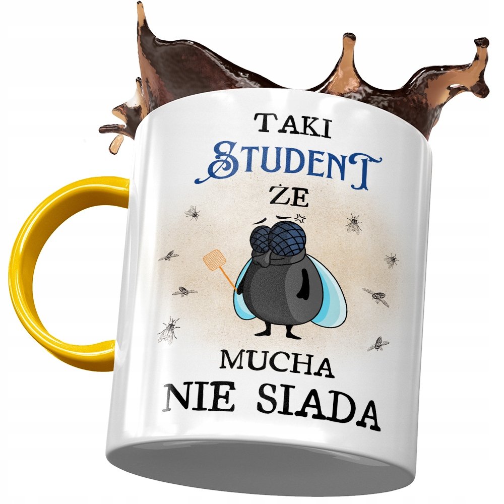 Kubek Żółty Dla Studenta Taki że Mucha nie Siada z Nadrukiem ze Zdjęciem + Opakowanie na prezent (wzór 01)