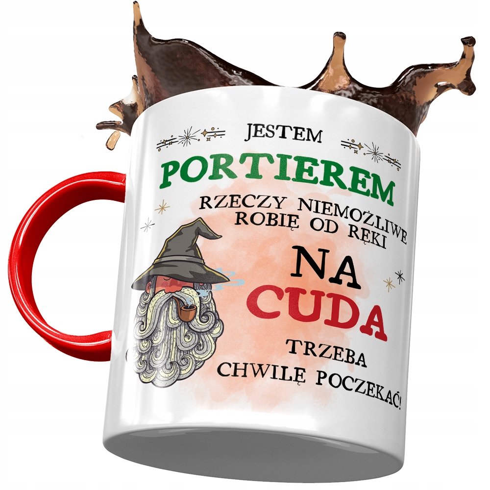 Kubek Czerwony Dla Portiera Na Cuda Trzeba Chwilę z Nadrukiem ze Zdjęciem + Opakowanie na prezent (wzór 01)