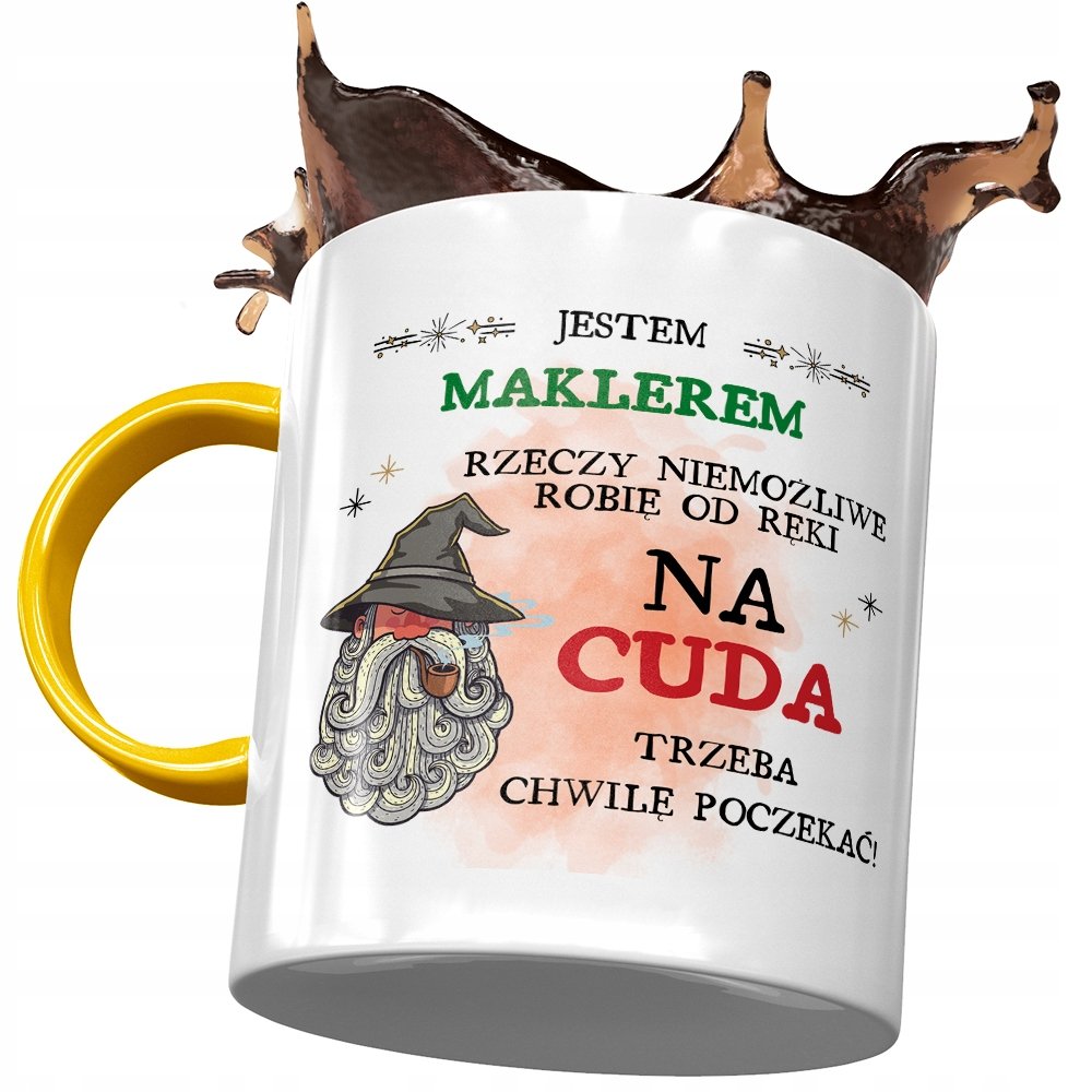 Kubek Żółty Dla Maklera Trzeba Chwilę Poczekać z Nadrukiem ze Zdjęciem + Opakowanie na prezent (wzór 01)