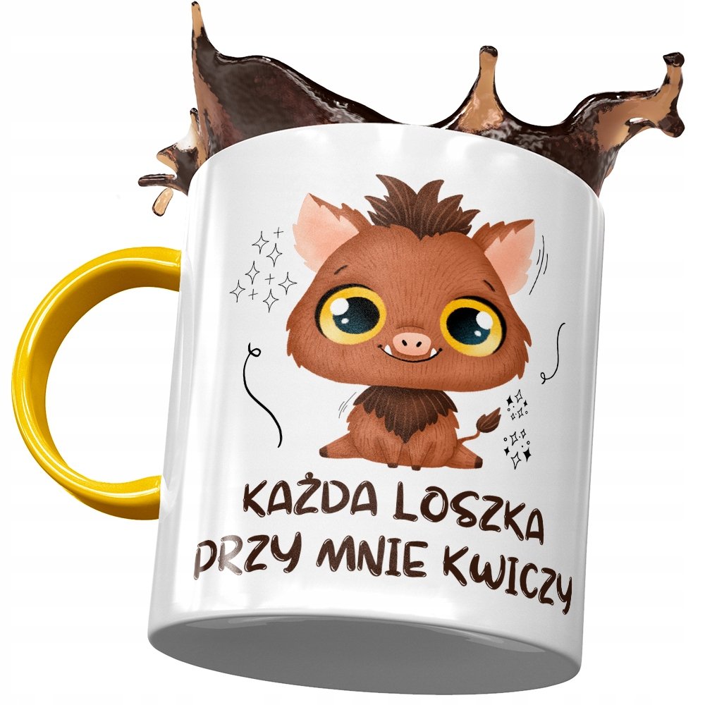 Kubek Żółty Śmieszny Loszki Przy Mnie Kwiczą z Nadrukiem ze Zdjęciem + Opakowanie na prezent (wzór 01)