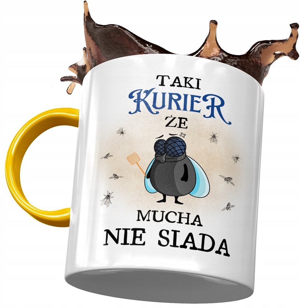 Kubek Żółty Dla Kuriera Kurier że Mucha Nie Siada z Nadrukiem ze Zdjęciem + Opakowanie na prezent (wzór 01)