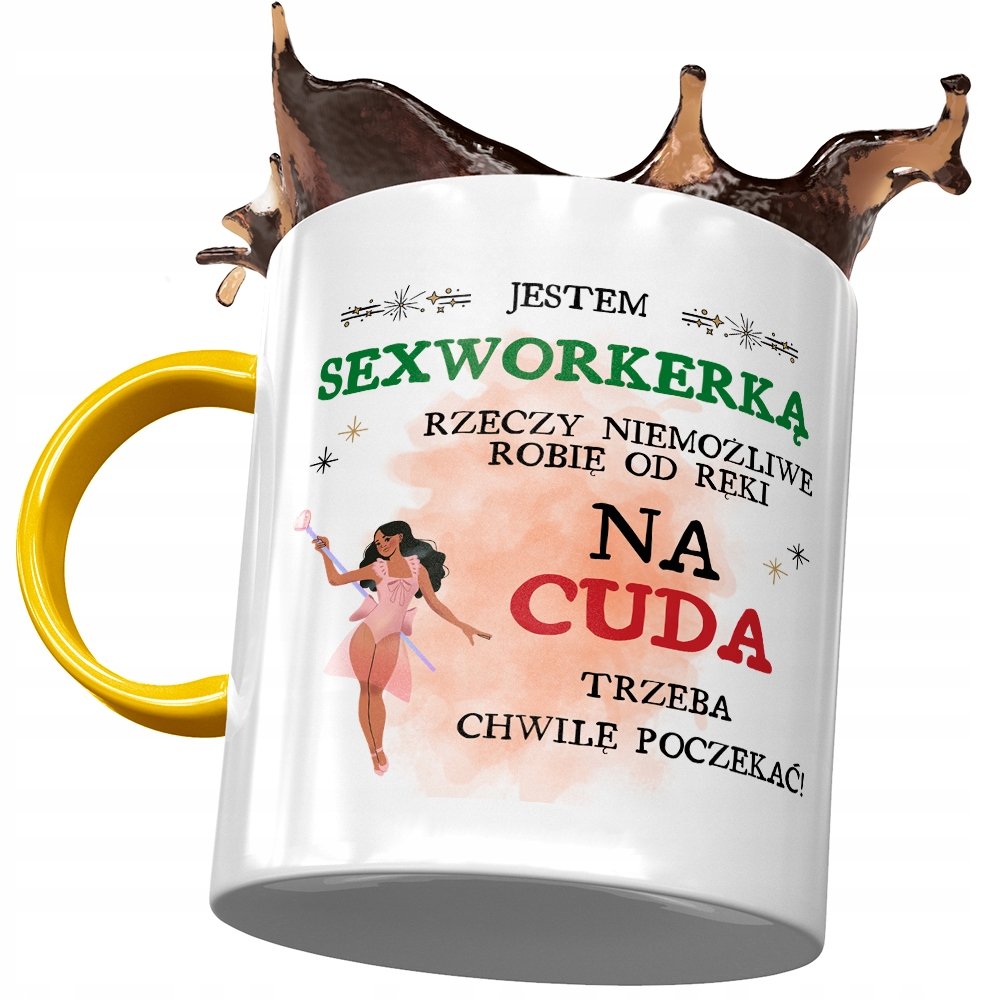 Kubek Żółty Dla Sexworkerki Trzeba Chwilę Poczekać z Nadrukiem ze Zdjęciem + Opakowanie na prezent (wzór 01)