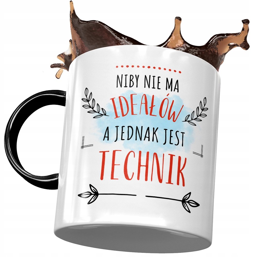 Kubek Czarny Dla Technika Niby nie ma Ideałów z Nadrukiem ze Zdjęciem + Opakowanie na prezent (wzór 01)