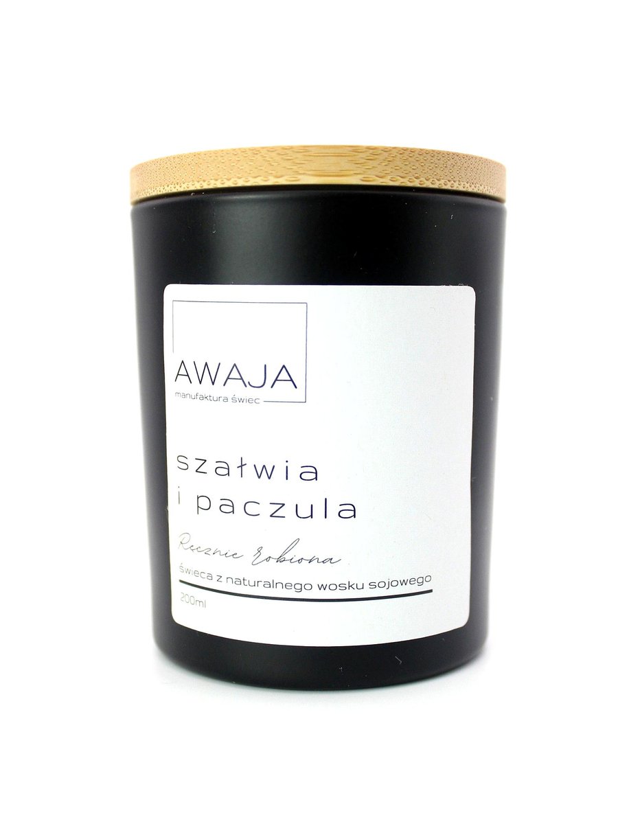 Świeca sojowa szałwia i paczula – czarna, zapachowa, handmade, prezent