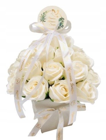 FLOWER BOX KWIATY mydlane BIAŁE na I KOMUNIA ŚWIĘTA prezent pamiątka róże