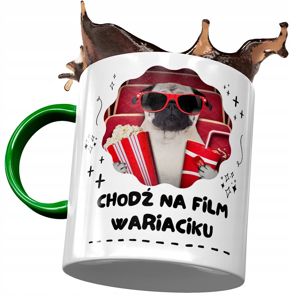 Kubek Zielony Śmieszny Chodź Na Film Wariaciku z Nadrukiem ze Zdjęciem + Opakowanie na prezent (wzór 01)