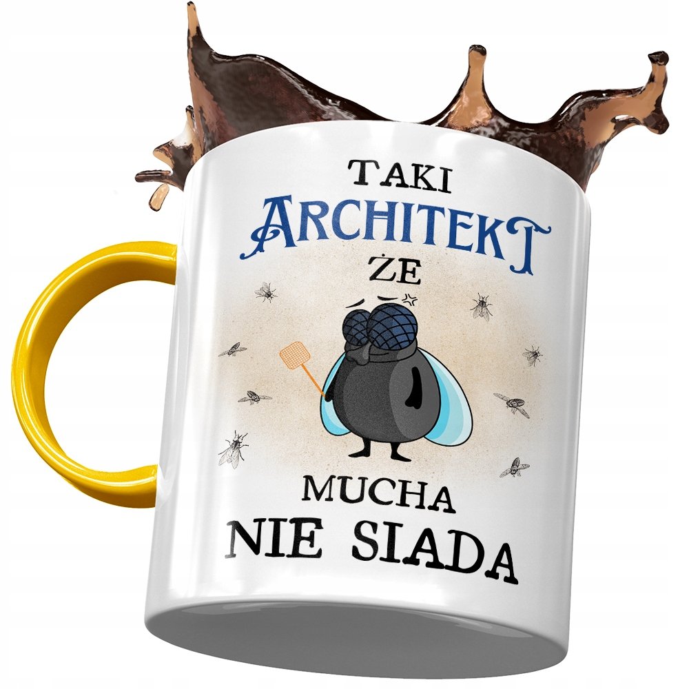Kubek Żółty Dla Architekta że Mucha Nie Siada z Nadrukiem ze Zdjęciem + Opakowanie na prezent (wzór 01)