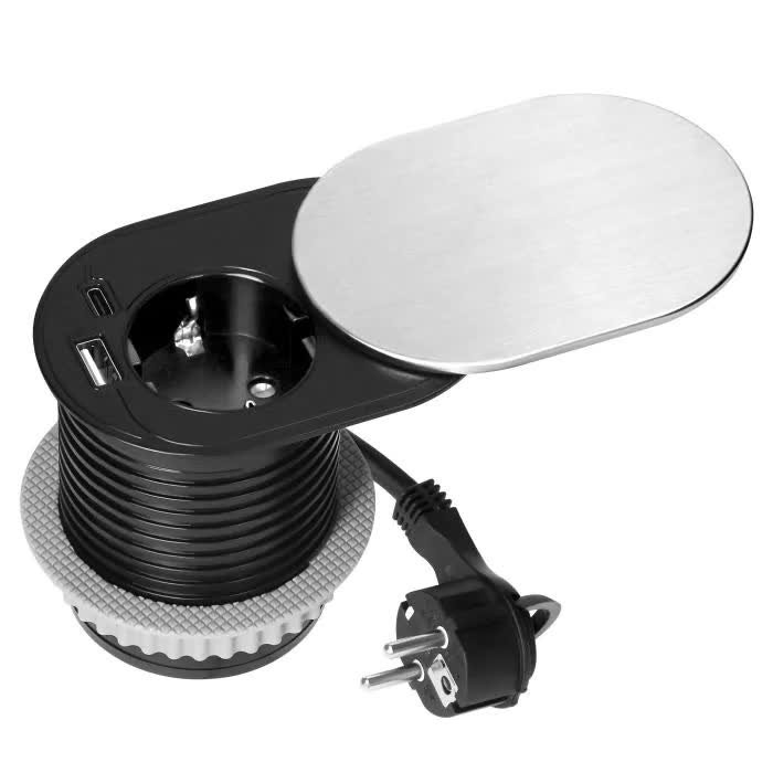 Srebrne Gniazdo Blatowe Schuko Z Pokrywą Ładowarką Usb I Przewodem Or-Gm-9042(Gs)/G Orno