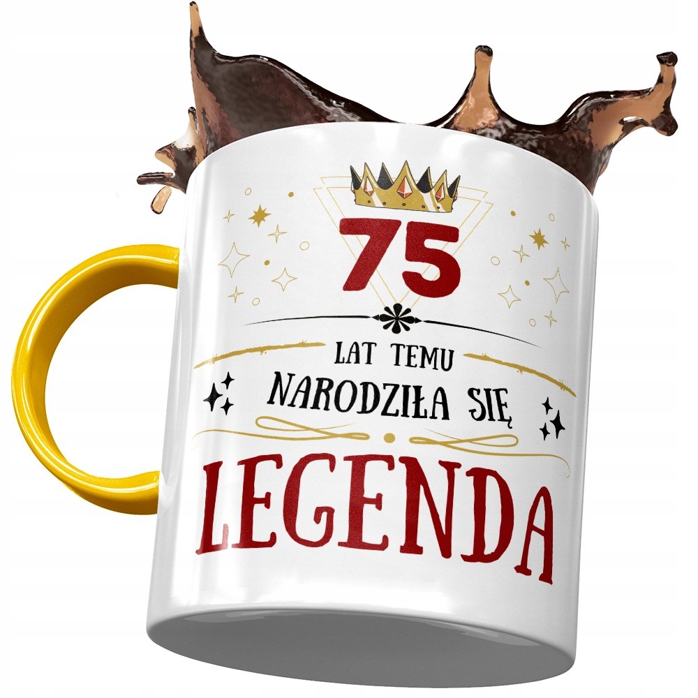 Kubek Żółty na Urodziny 75 75te 75-te na Prezent z Nadrukiem ze Zdjęciem + Opakowanie na prezent (wzór 01)