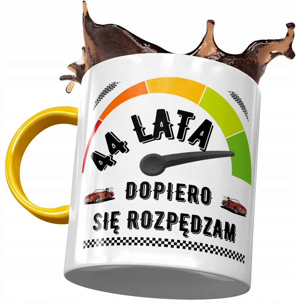 Kubek Żółty na Urodziny 44 44te 44-te na Prezent z Nadrukiem ze Zdjęciem + Opakowanie na prezent (wzór 01)