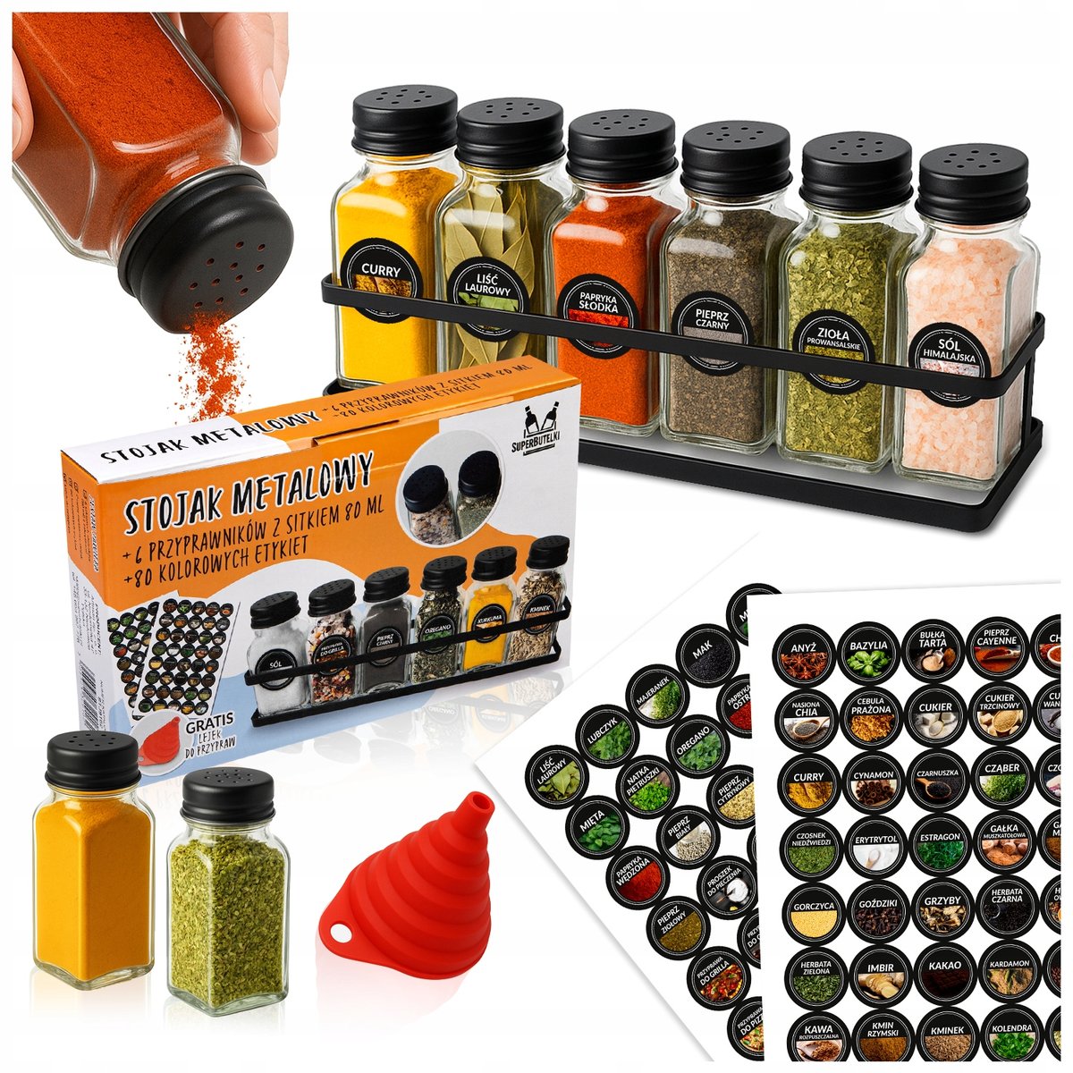 PRZYPRAWNIK 6x POJEMNIKI NA PRZYPRAWY SŁOICZKI 80 ML STOJAK 80x NAKLEJKI SAMOPRZYLEPNE z NAZWAMI PRZYPRAW ETYKIETY