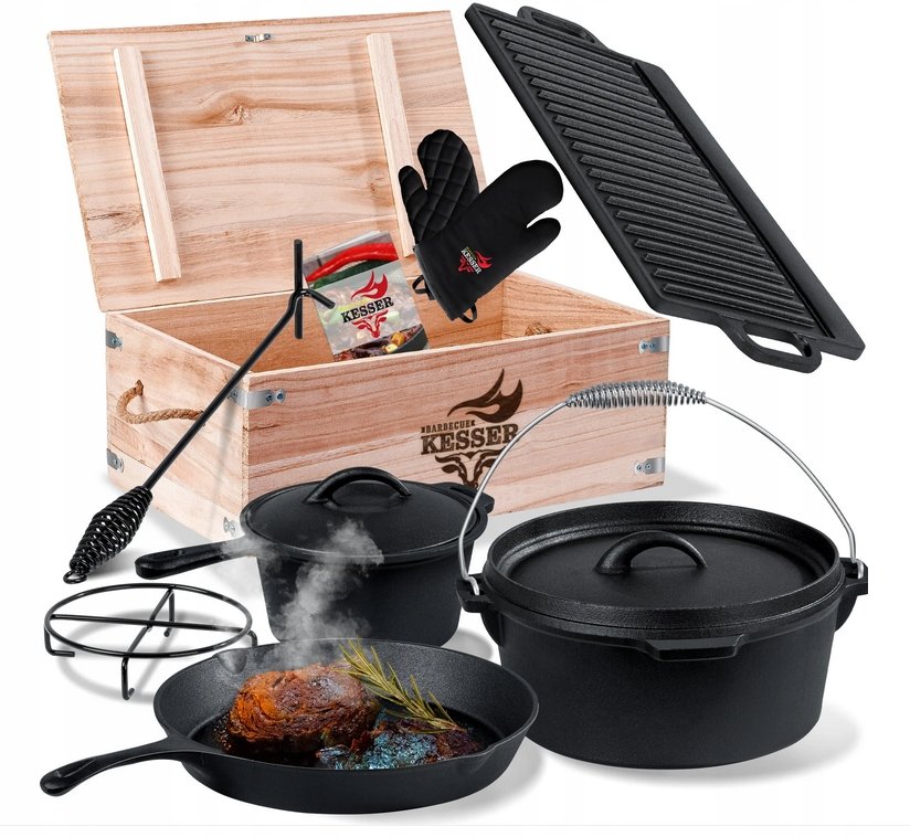 Zestaw Naczyń Żeliwnych Kesser Garnek 3,6L Płata, Patelnia 8 Elementów