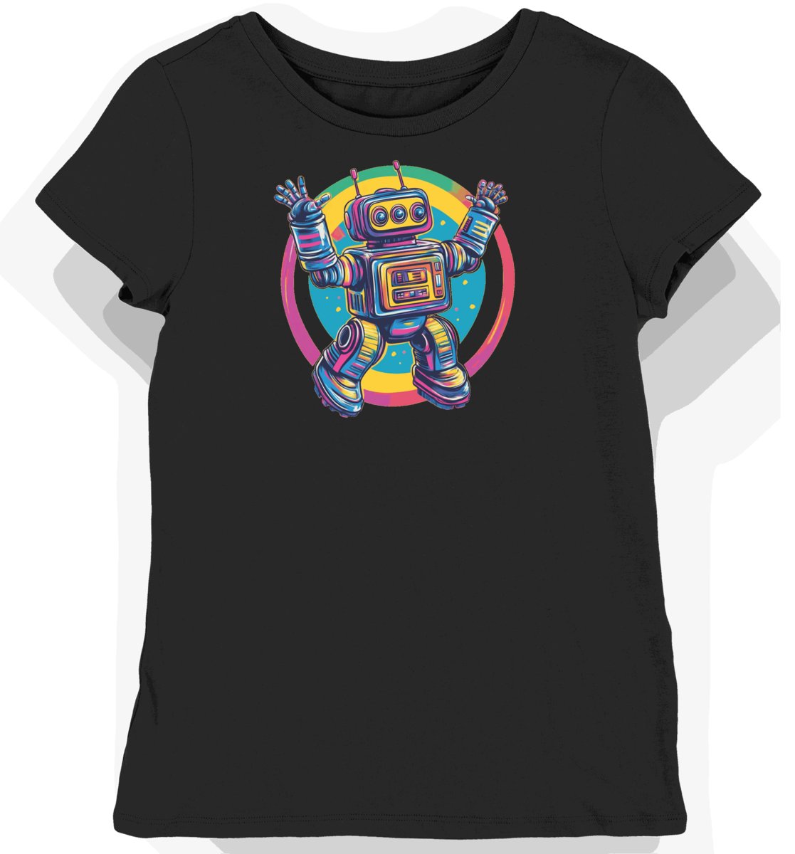 Koszulka damska czarna z nadrukiem robota w stylu retro XL