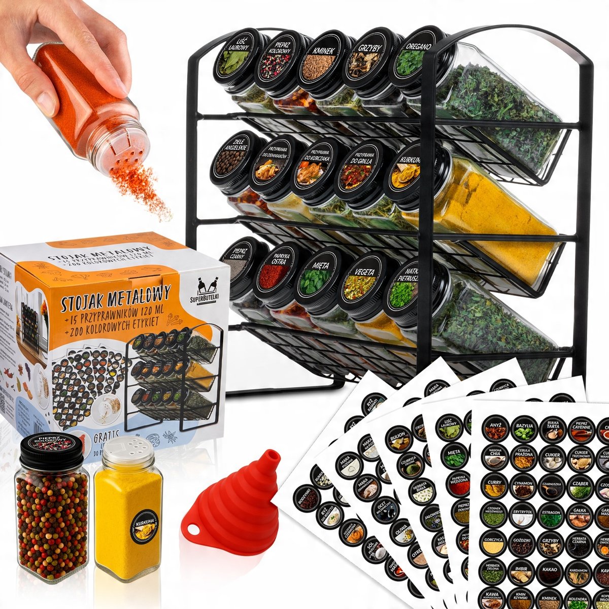 POJEMNIKI NA PRZYPRAWY PRZYPRAWNIK STOJAK 15x SŁOICZKI 200x NAKLEJKI ETYKIETY SAMOPRZYLEPNE