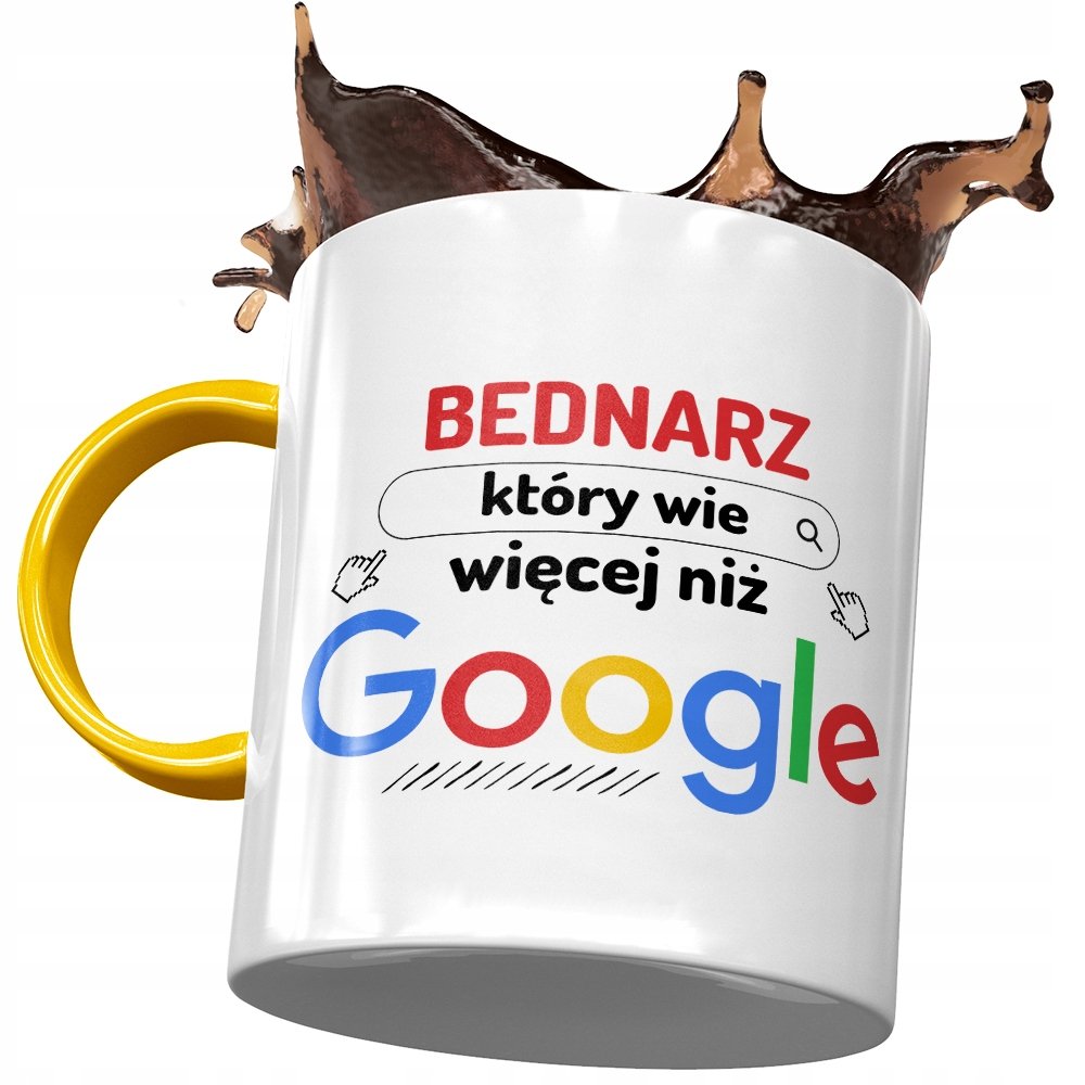 Kubek Żółty Dla Bednarza Wie Więcej Niż Google z Nadrukiem ze Zdjęciem + Opakowanie na prezent (wzór 01)